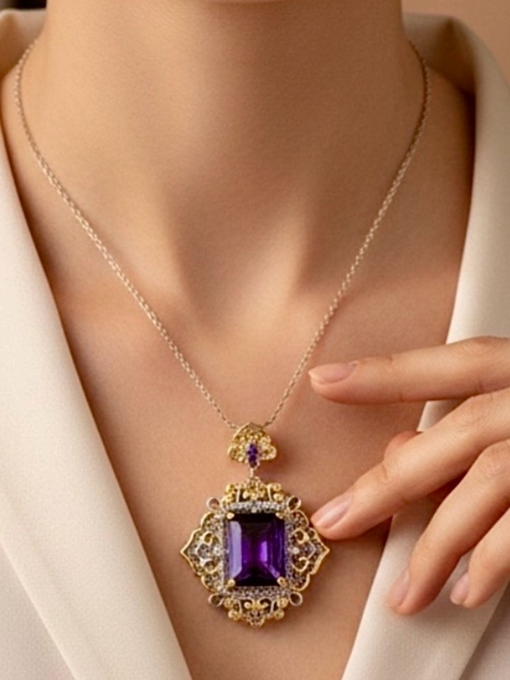 Antique Amethyst Pendant Necklace, Two Tone, Gold, Silver, Women’s, Gemstone,